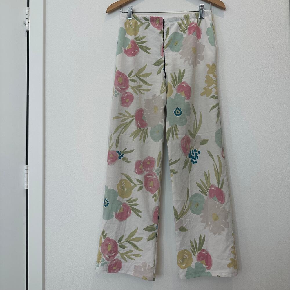 Handmade upcycled floral print cotton high waisted wide leg pants pockets small